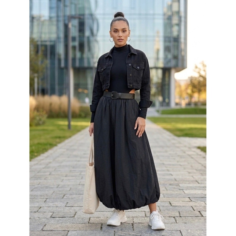 Black Parachute Bubble Skirt Elastic Waist Midi Balloon Puff Streetwear Goth